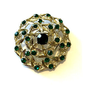 Vintage Green Rhinestones Gold Tone Brooch Round Geometric Rivet Construction